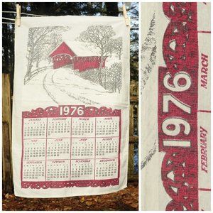 Vintage 1976 Red Covered Bridge in Snow Calendar Towel Birthday Anniversary Gift